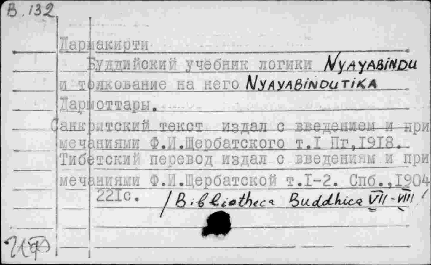 ﻿6. М.
,аР1 ч акирти
эуддийский учебник логики МуАуыЫНри г|)лкование на него А/удулБ/ыРит/Жд___
.рп от тары
,1!К
хтсжии текст издал с введением ичтри ниями Ф.Л.Шербатекого т.1 Пг.Т9ТЯ^_
IТибЬтски: перевод издал с введениям и при меч 1НИЯМИ
_ Д.Щербатской т.1-2. Спб.,1904
у/ 5 л^7У!(
да: